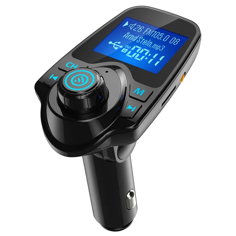 Black car Bluetooth hands-free FM transmitter kit with USB and memory card ports.
