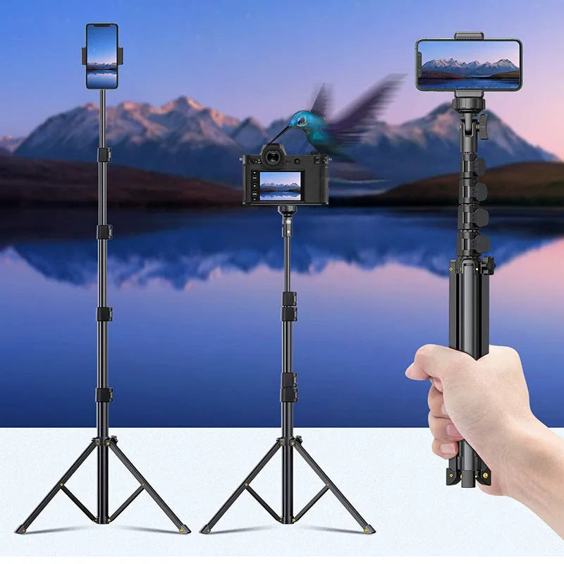 Black aluminium smartphone tripod with five-section legs folded to 45cm