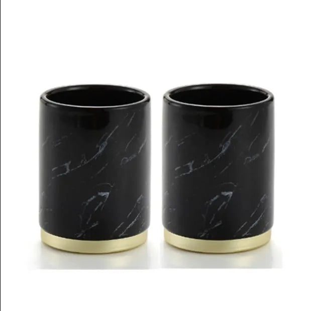 Bright glaze ceramic bathroom set with soap dish, toothbrush holder, cup, and emulsion bottle in black.