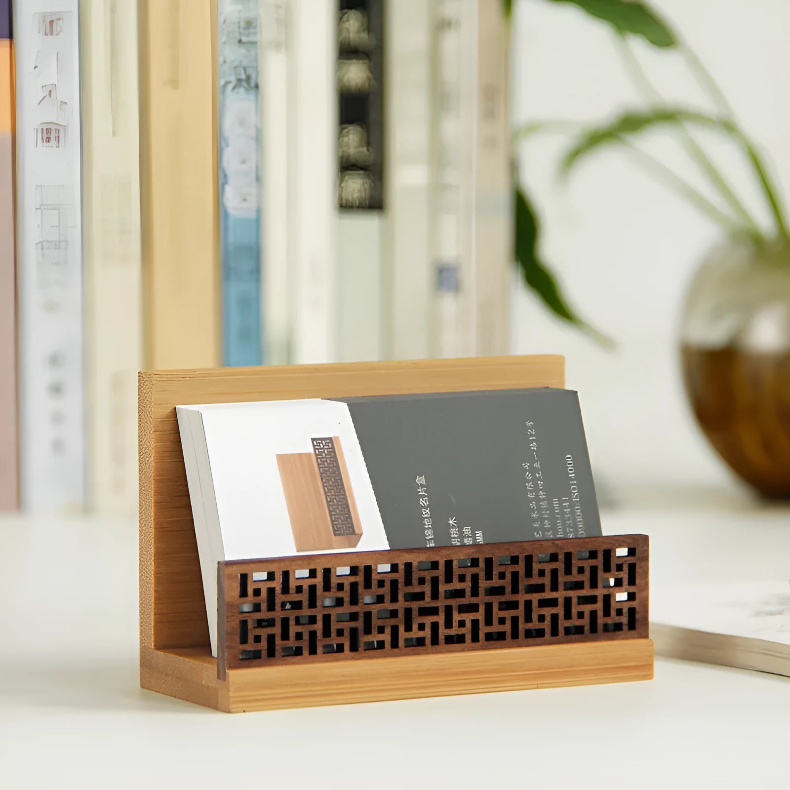 Geometric business cardholder made from bamboo and black walnut wood.