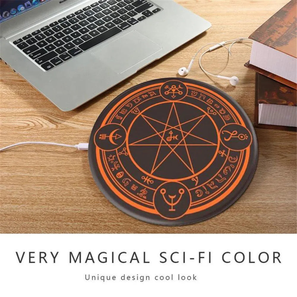Magic Array 10W wireless charger, 99mm diameter and 8mm thick circular pad, in Blue or Orange.