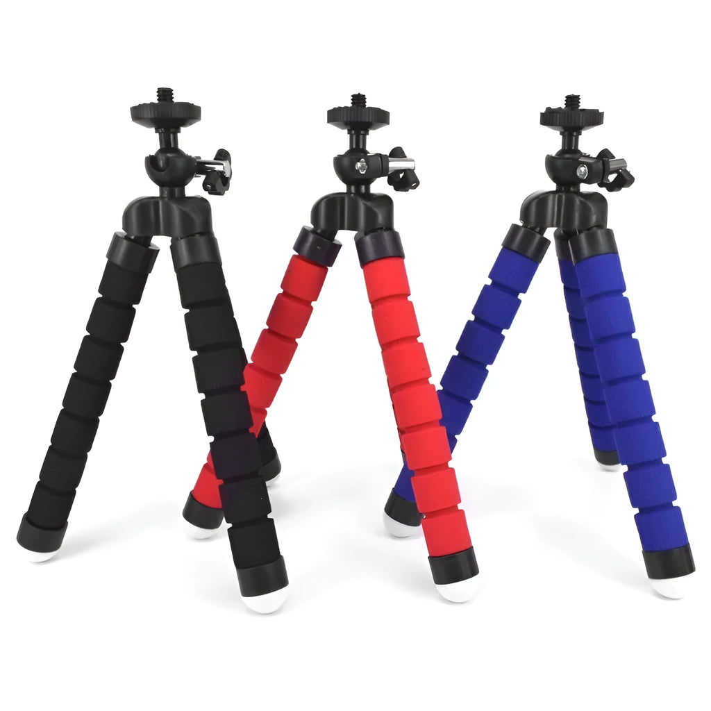 Black flexible octopus tripod with bent legs wrapped around a pole, showing a smartphone attached.