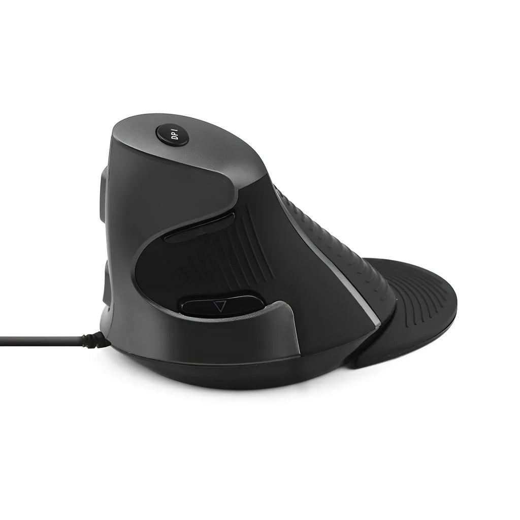 Black wired vertical ergonomic mouse shown beside white version, both with right-hand orientation and USB cable