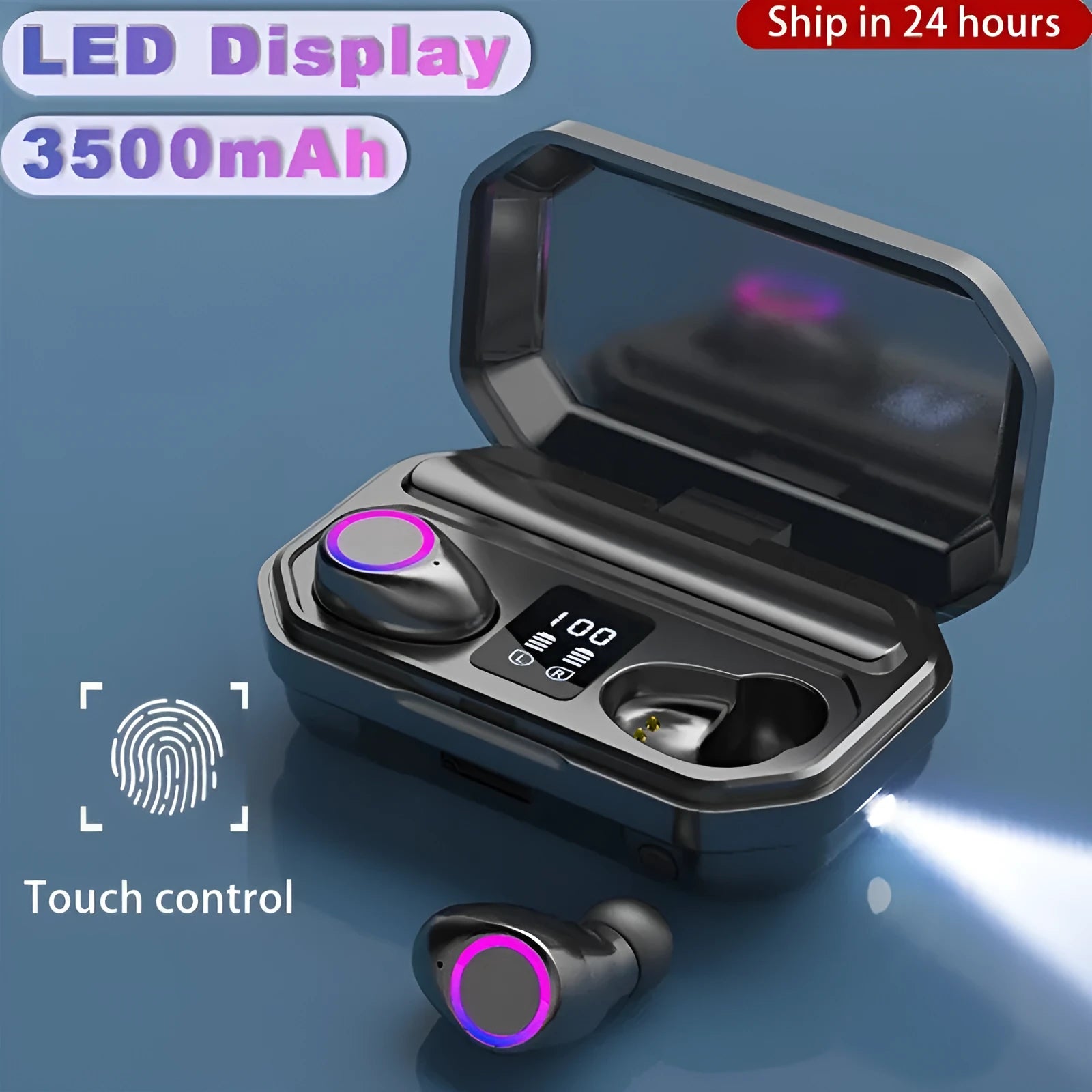 Wireless Bluetooth headset with digital power display showing battery level, available in black or white colours