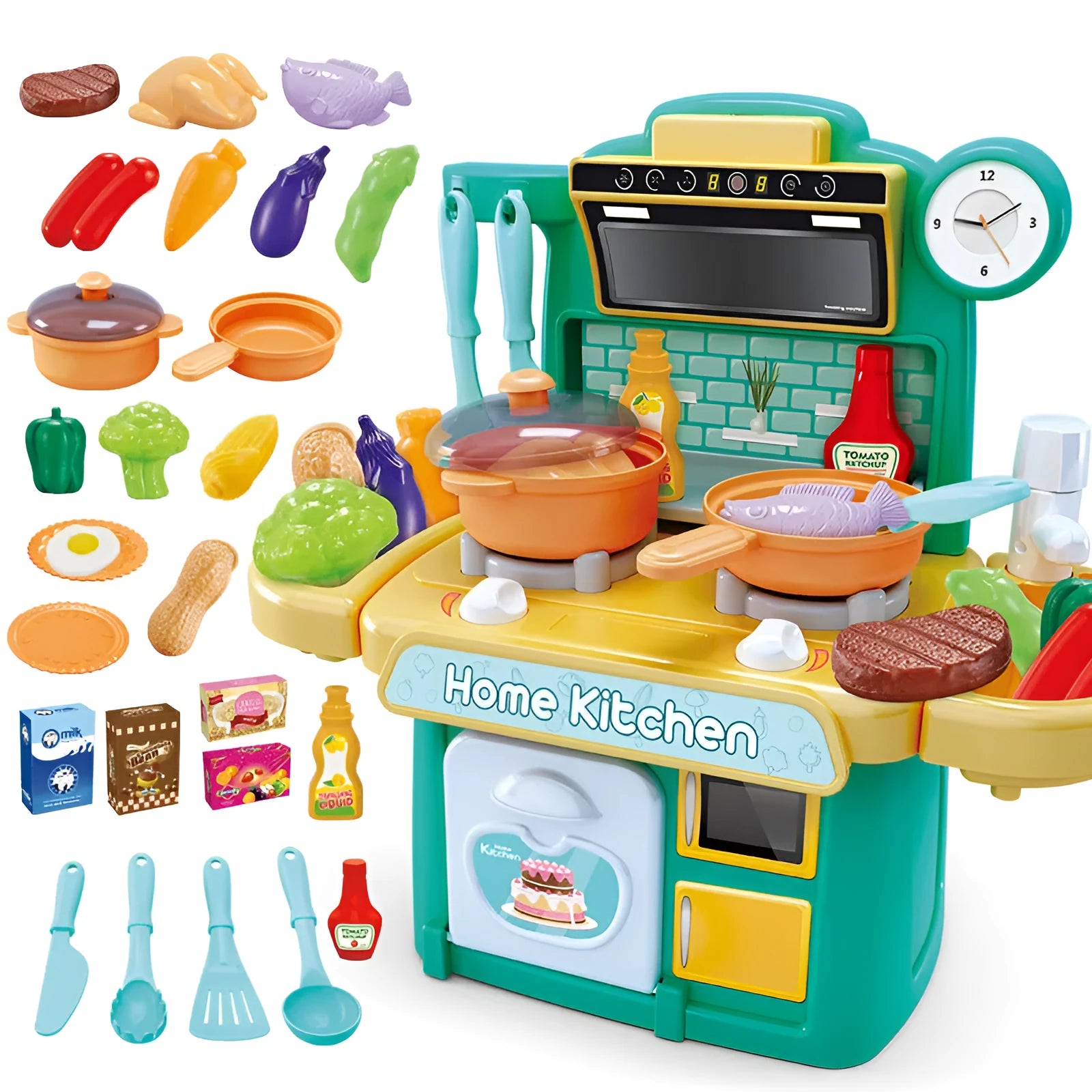 Kids dishwasher play set with 23 pink accessories and electronic components on a play table