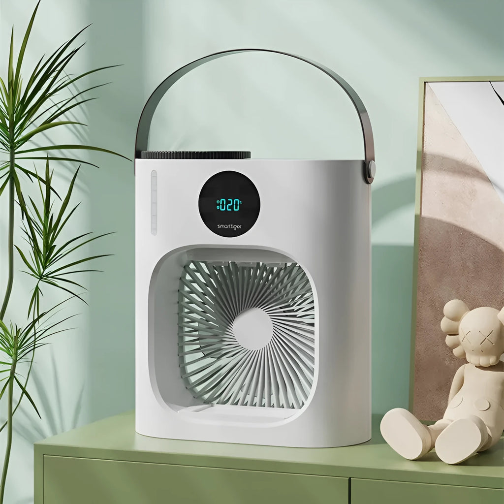 White USB refrigeration air conditioner household fan, 276 x 229 x 148mm, brushless motor, timing screen display.
