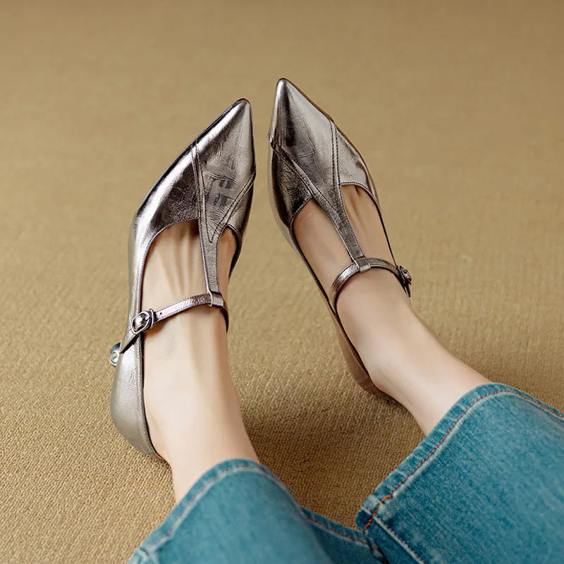 Women's gun colour genuine leather Mary Jane high heels with chunky heel and pointed toe