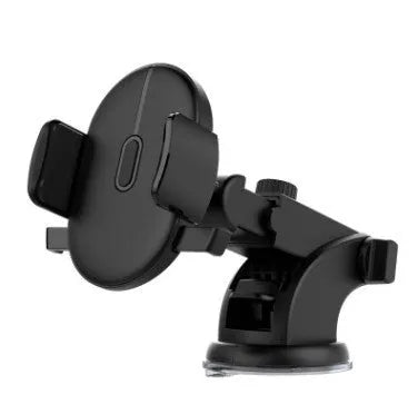 Yellow and black telescopic car phone holder with suction cup mounted on a car dashboard.