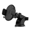Yellow and black telescopic car phone holder with suction cup mounted on a car dashboard.