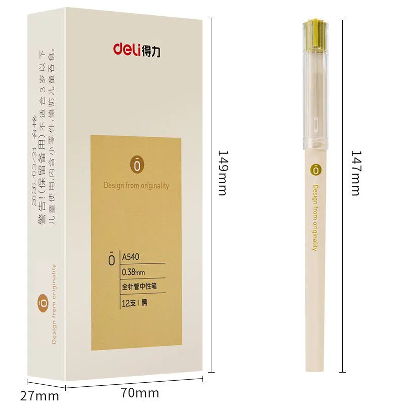 Box of 12 Deli A540 black gel pens with 0.38mm fine needle tube tips.