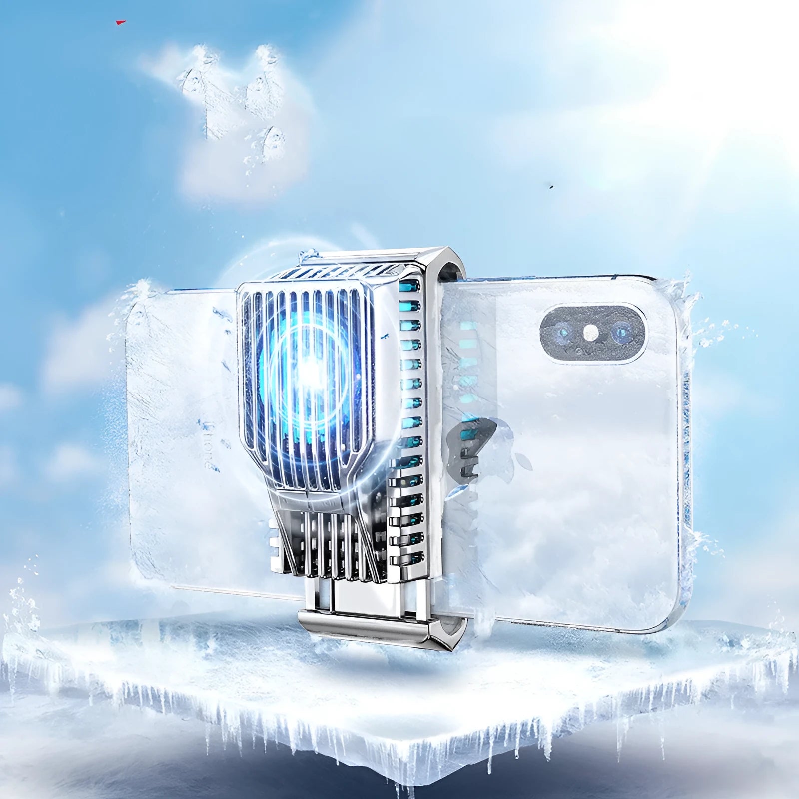 Black mobile phone radiator with adjustable clip for 4-7 inch smartphones showing aluminium heatsink