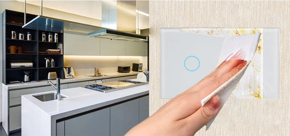 White tempered glass touch light switch with 2-gang control and red/blue LED indicators