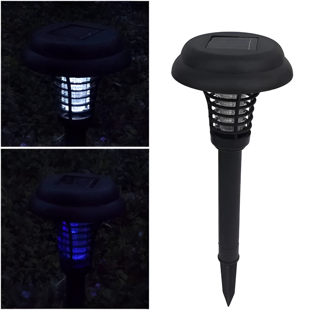 Black solar-powered garden insect lamp with white and UV purple light, 42cm tall.