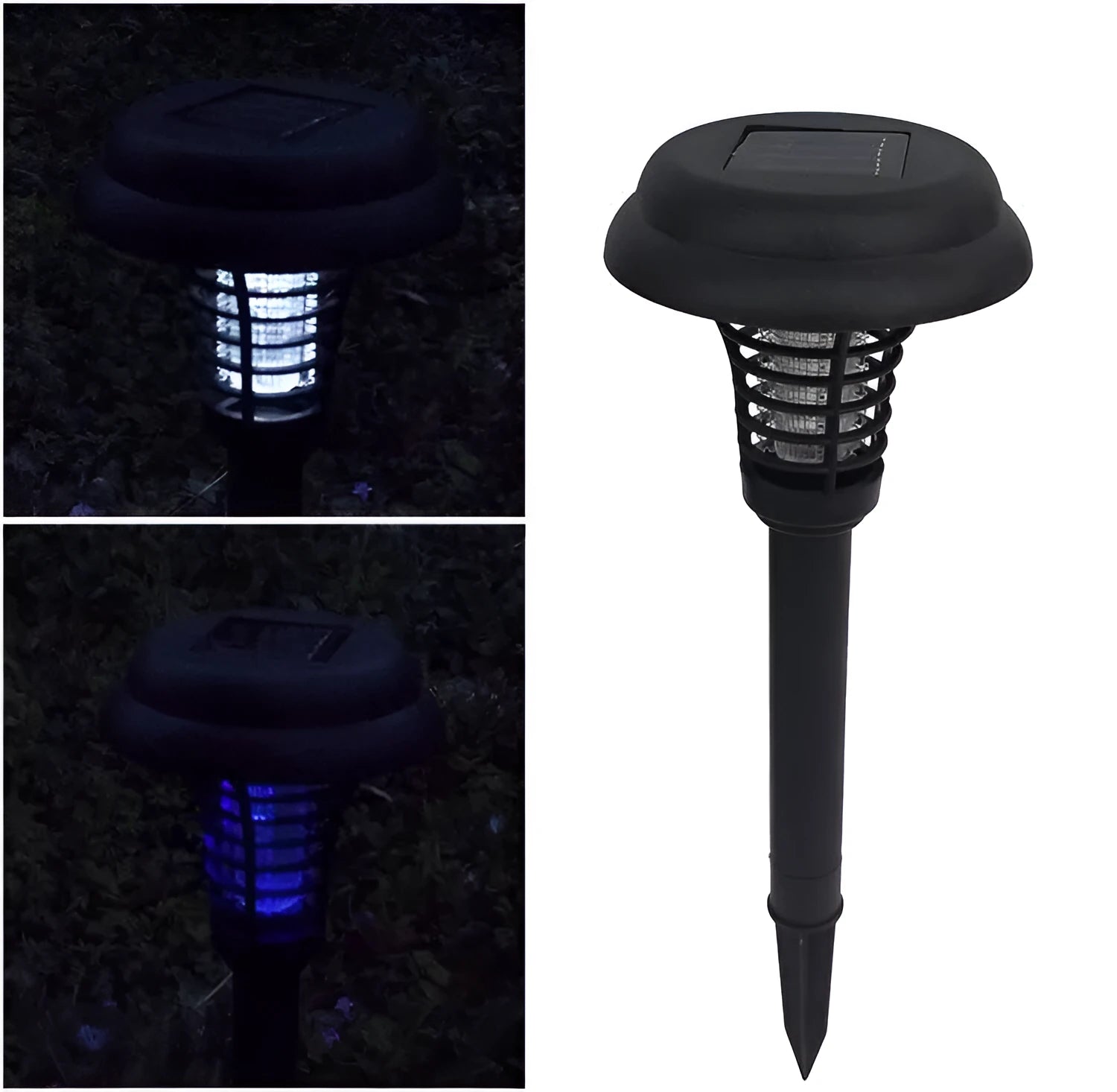 Black solar-powered garden insect lamp with white and UV purple light, 42cm tall.