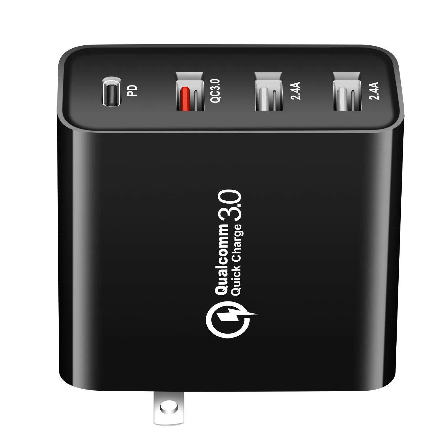 Black 48W USB C PD charger with four ports and a set of international plug adapters
