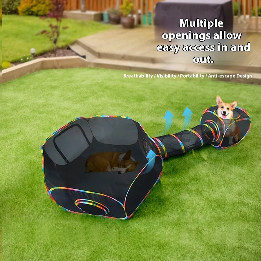 B18319 mesh model foldable cat cage showing five shape variations: square, long straight, tent, tee, and hexagonal