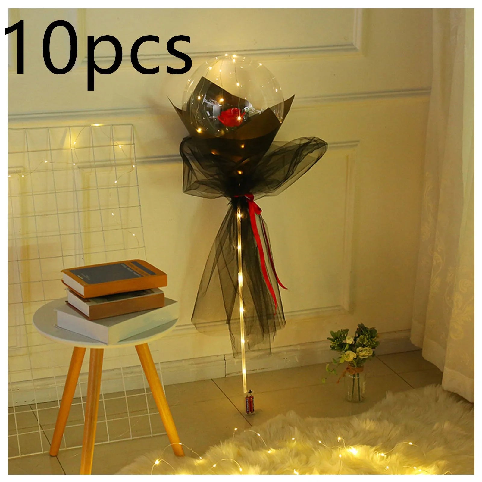 DIY LED luminous balloon rose bouquet set with transparent Bobo balls and LED lights on artificial flowers