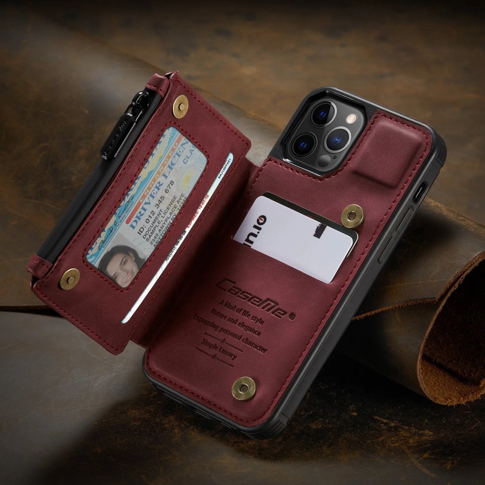 Anti-theft mobile phone case with belt holster in black, blue, brown, coffee, and wine red colours.