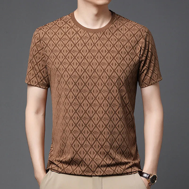 Man wearing a solid colour loose-fit Jacquard pattern short sleeve t-shirt for casual leisure.