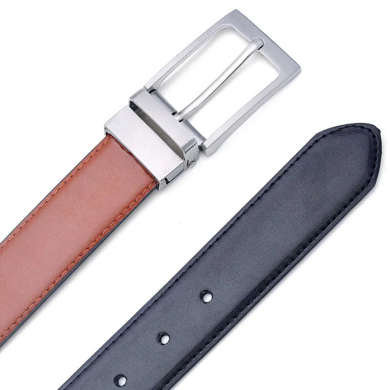 Men's brown and black genuine leather belt with a silver rotating pin buckle on a dark background.