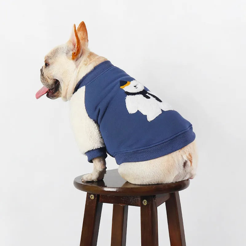 Dark blue fleece-lined winter dog coat with cotton construction showing size options L to 4XL