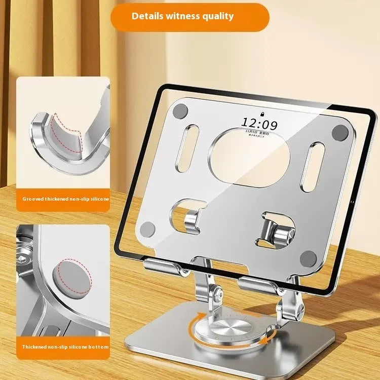 360-degree rotating aluminium alloy desktop folding tablet bracket, P2028, black colour, folded flat view