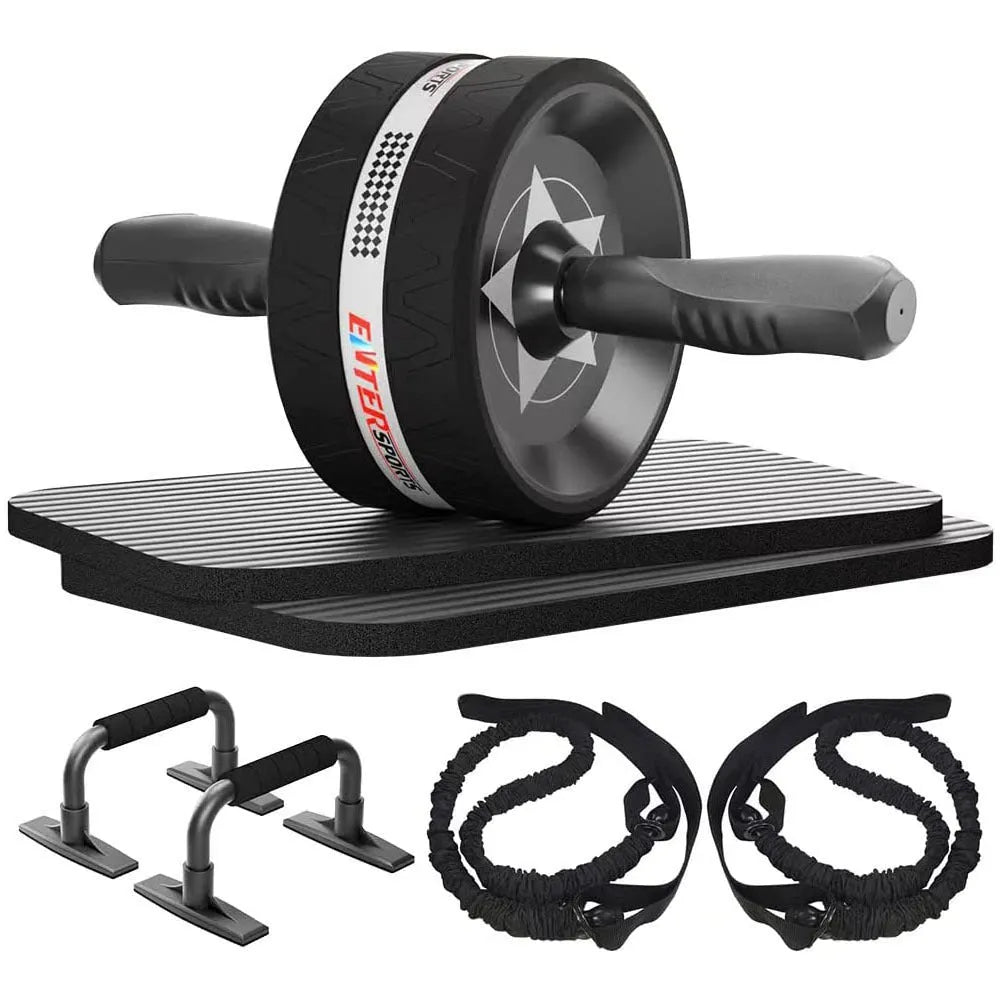 Set of seven abdominal wheels for fitness, in a choice of red, green, black, or blue colours.