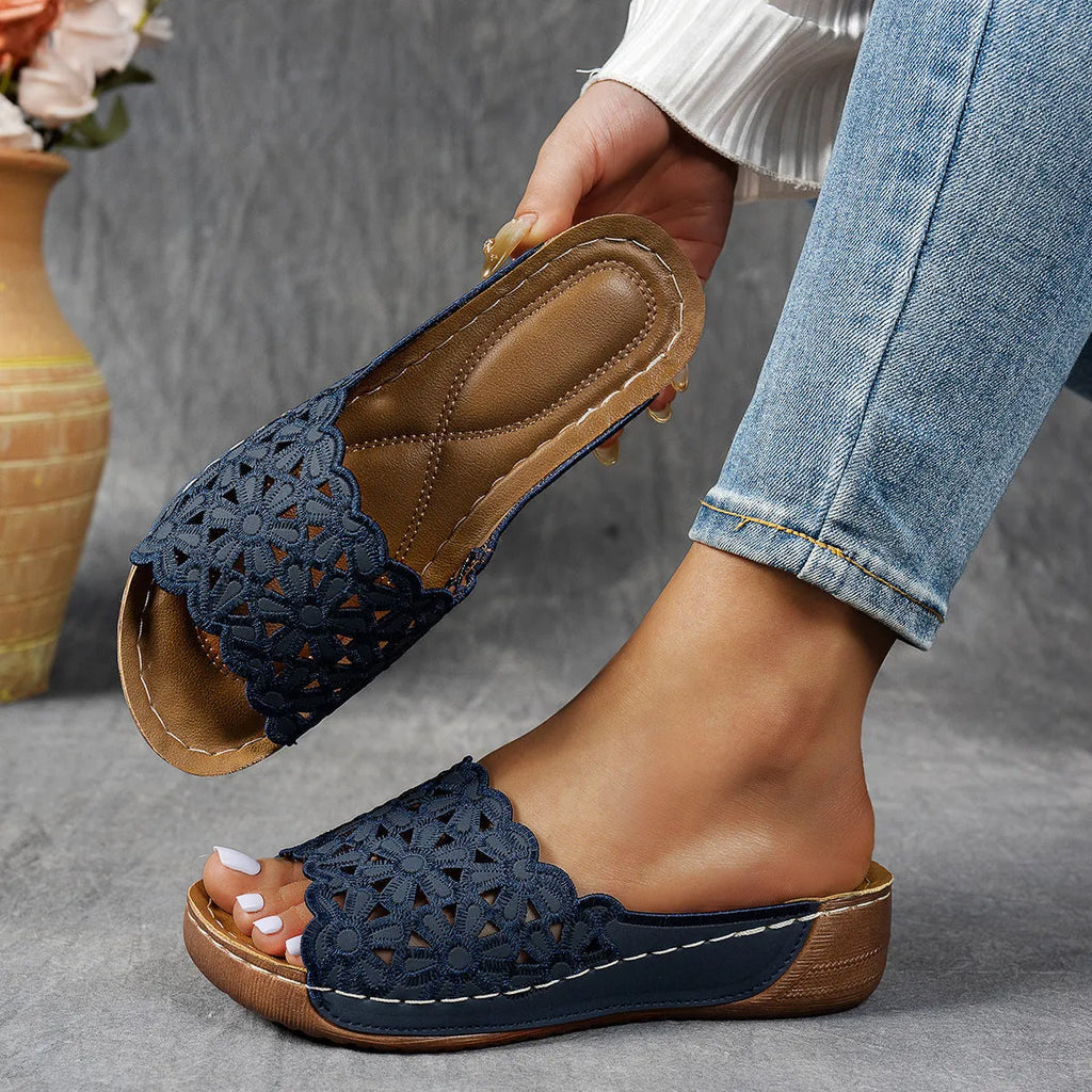 Women's black wedge beach slippers with flower cutout design and fish mouth toe