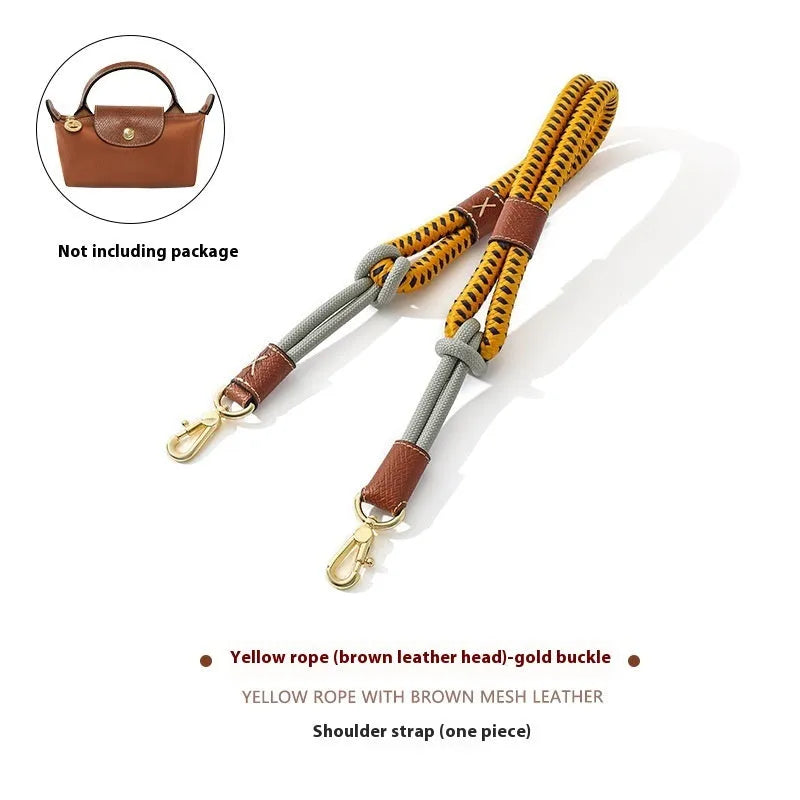 Braided nylon rope shoulder strap with cowhide leather accents and an alloy buckle.