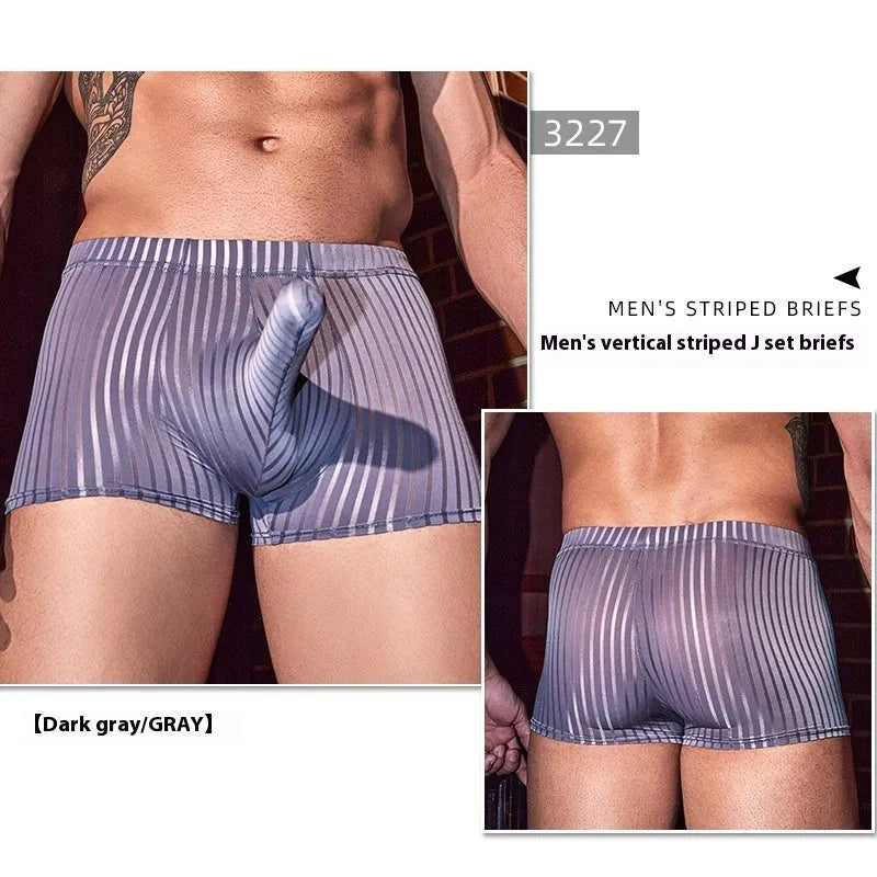 Men's black striped nylon boxer briefs laid flat, showing high elastic waistband and vertical stripe texture.