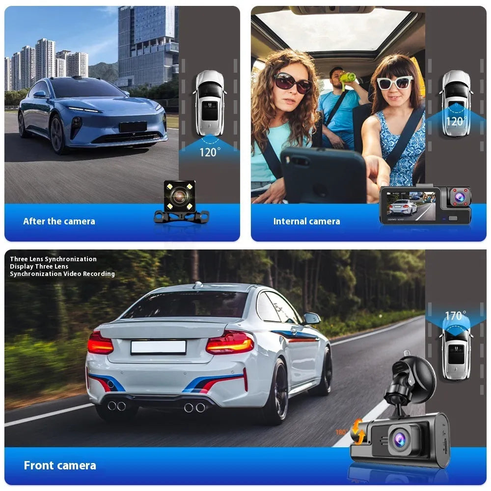 Black WiFi driving recorder with 2-inch screen mounted behind car rear-view mirror