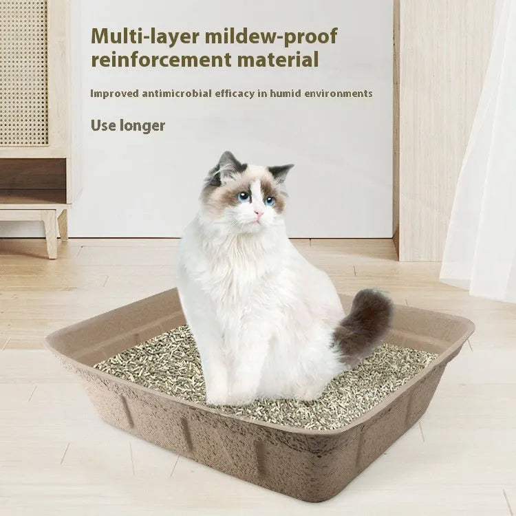 Brown disposable waterproof cat litter box showing three size options for biodegradable pet waste management