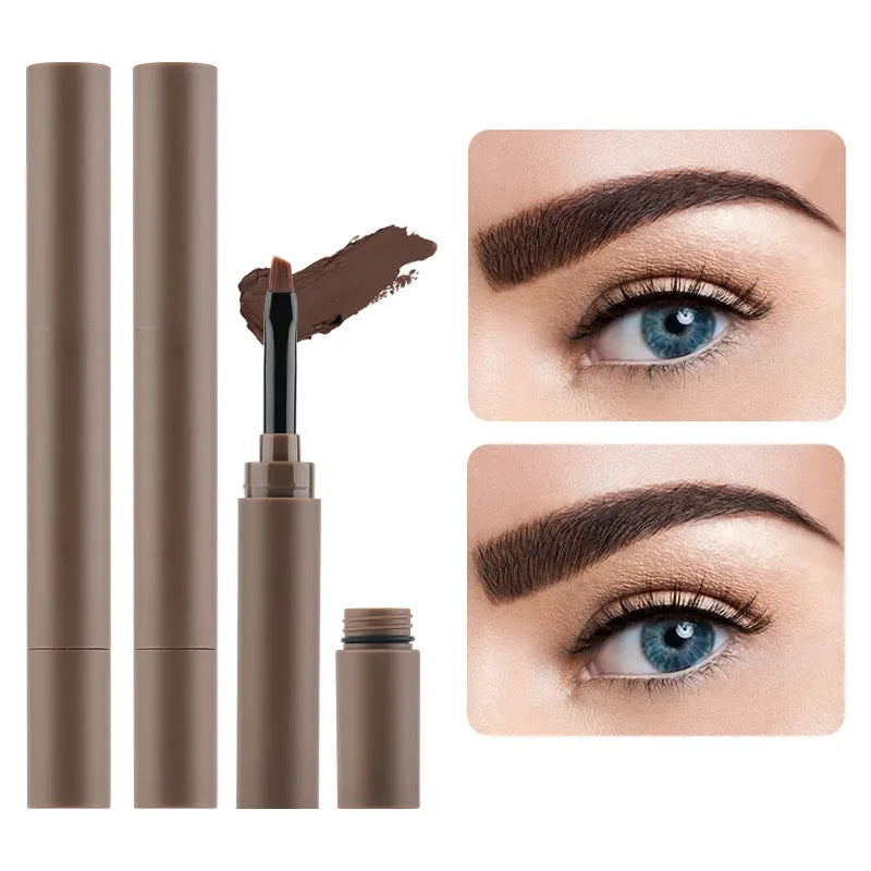 Dual-ended eyebrow cream in five colour shades including reddish brown, brown, light brown, dark brown, and black