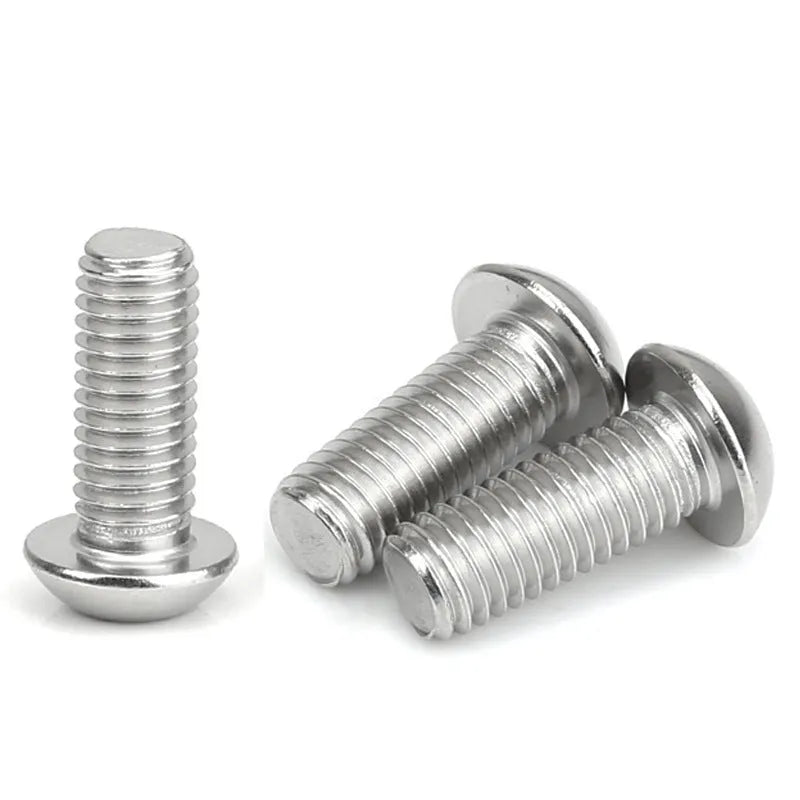 Stainless steel half round head pan head hexagon screw with whitewash finish on a grey background.