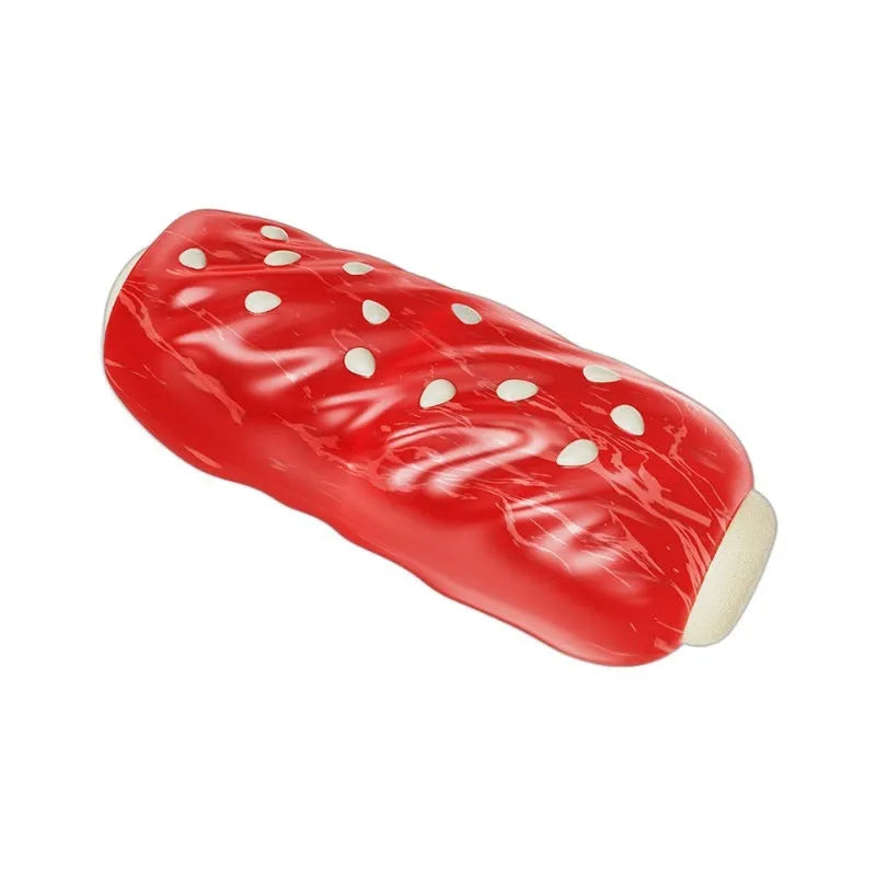 Primary coloured plastic dog chew toy shaped like a textured molar rod and toothbrush.