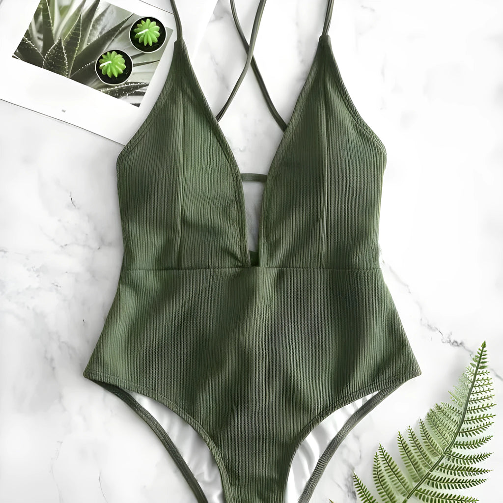 Solid colour backless lace-up one-piece swimsuit for women in black