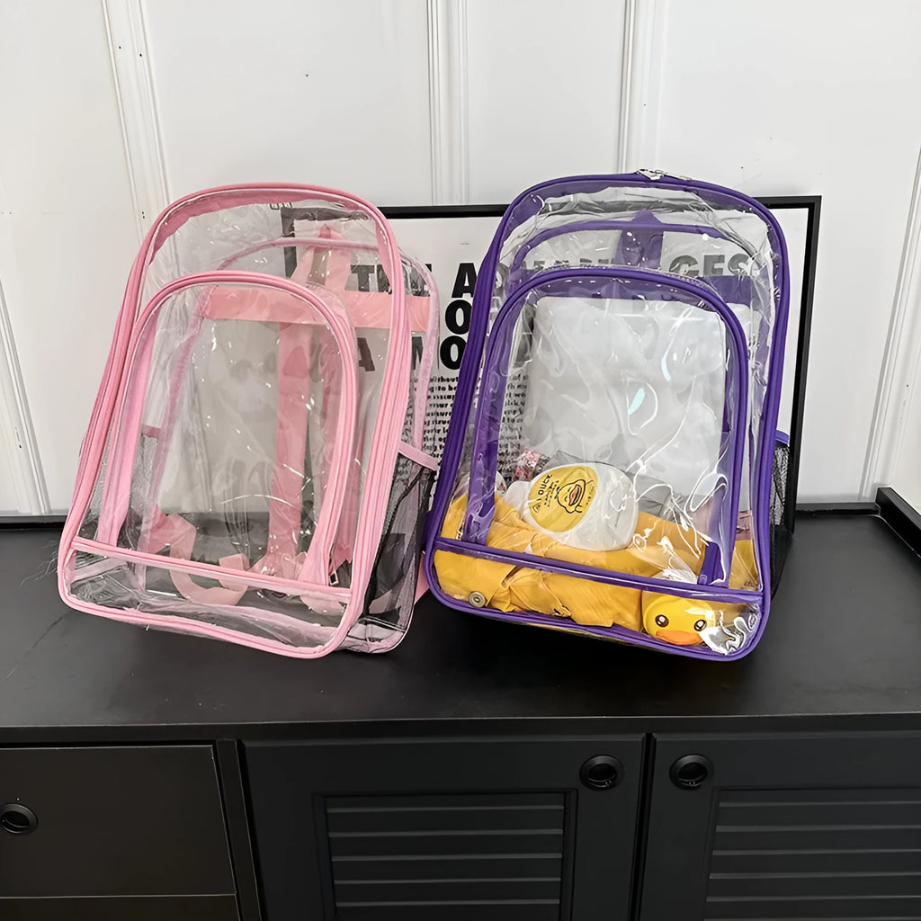 Clear transparent PVC waterproof backpack with a red inner voile bag visible inside.