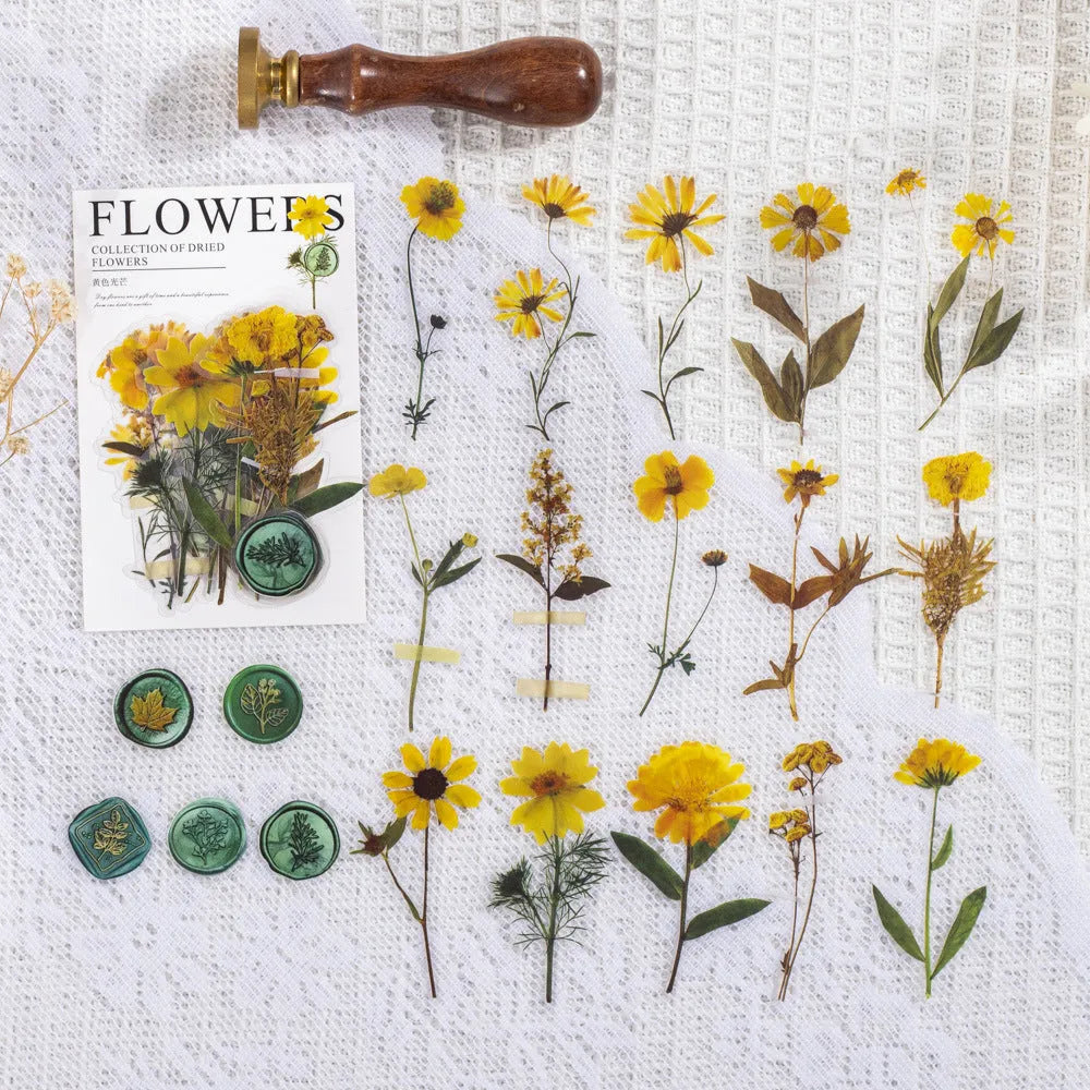 Set of 40 printed PET decorative stickers showing eight artistic styles including dried flowers and leaf specimens.