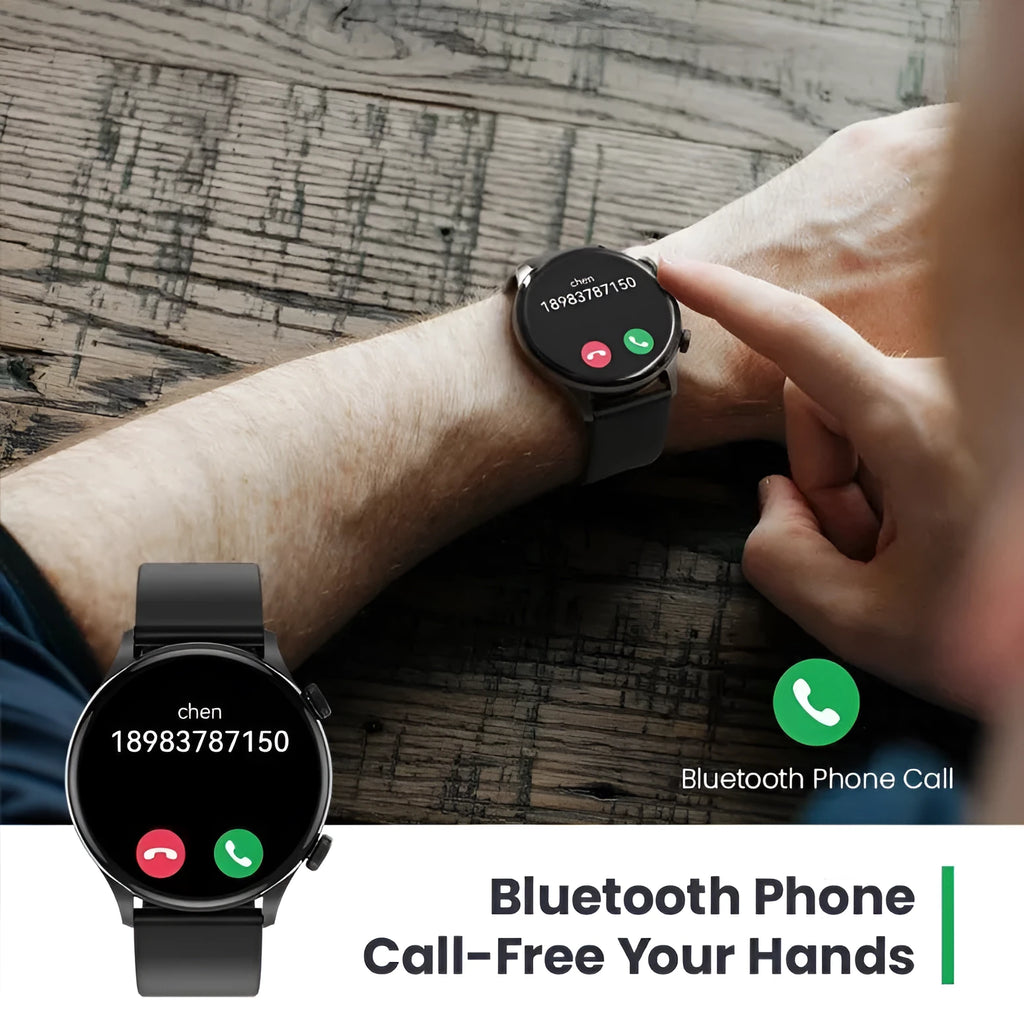 Black Bluetooth smartwatch with AMOLED display showing heart rate and call interface