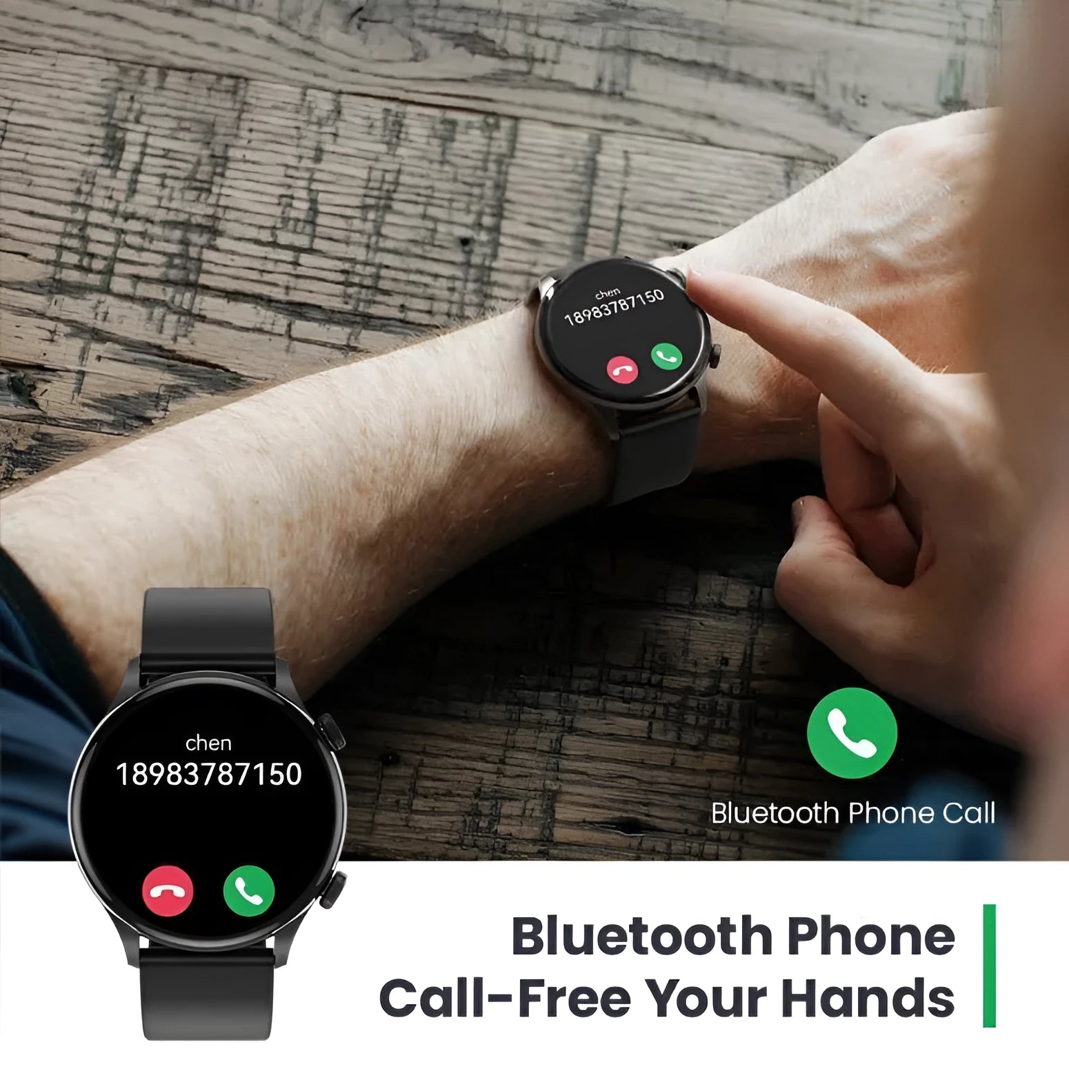 Black Bluetooth smartwatch with AMOLED display showing heart rate and call interface