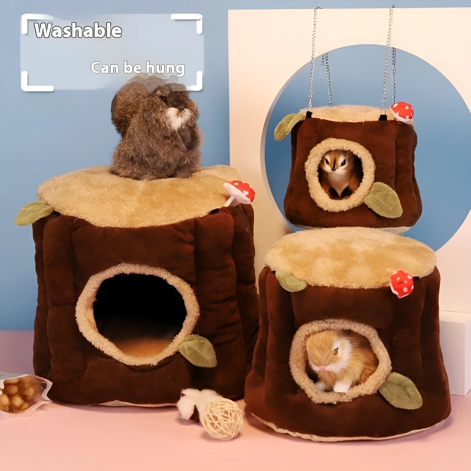 Brown cloth rabbit stump nest pet bed shown in small, medium, and large sizes.