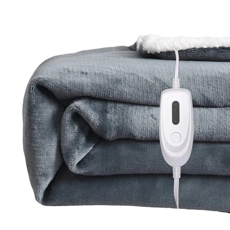 Grey USB electric heating blanket with intelligent temperature control, shown on a chair.