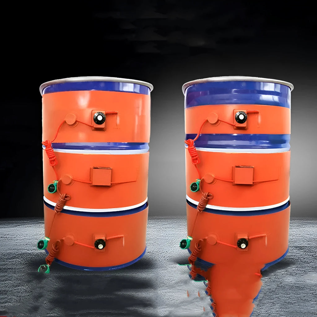 Silicone rubber heating belt wrapped around 200-litre oil drum with control unit