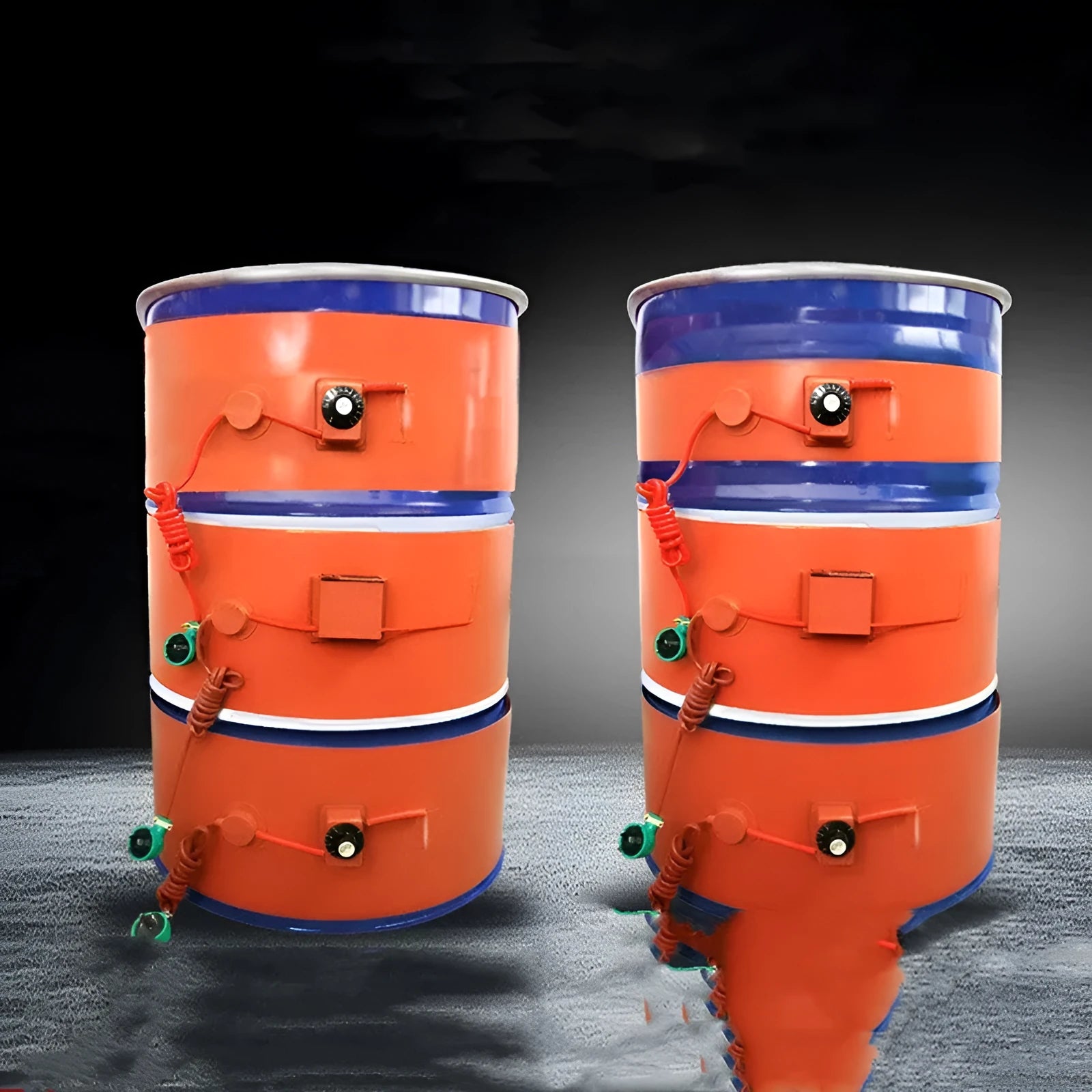 Silicone rubber heating belt wrapped around 200-litre oil drum with control unit