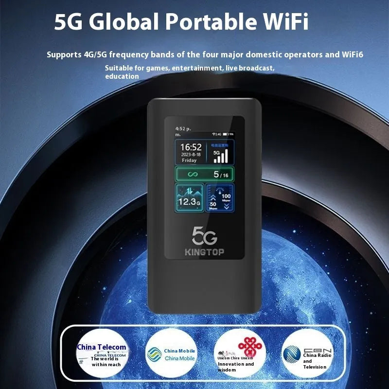 Black portable 5G Wi-Fi router with LCD screen, showing compact size next to a charging cable.
