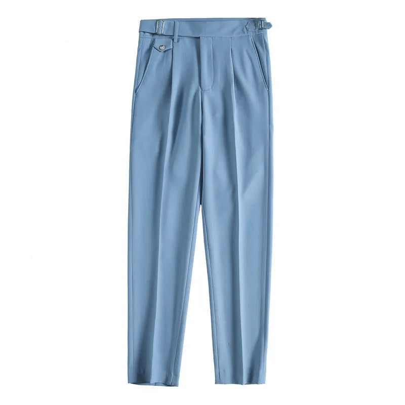 Men's straight leg polyester trousers in solid colours showing front and side views