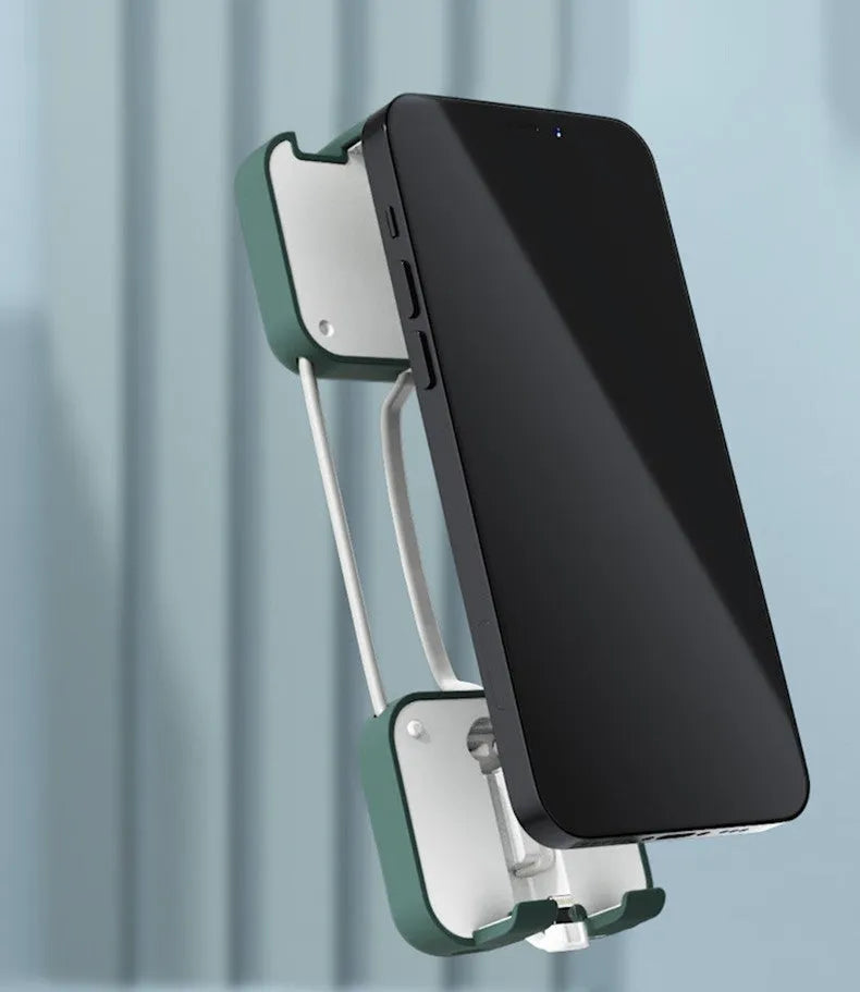 Multi-function bracket mobile power supply in red, green, or purple showing dual charging ports and integrated phone stand.