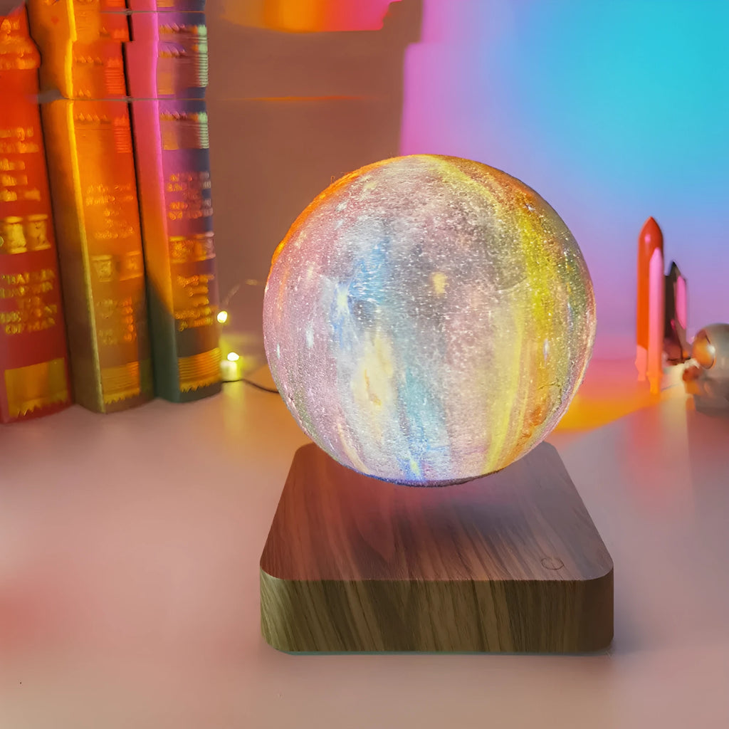 Walnut-colour base with a floating galaxy moon lamp levitating above it, showing starry sky details.