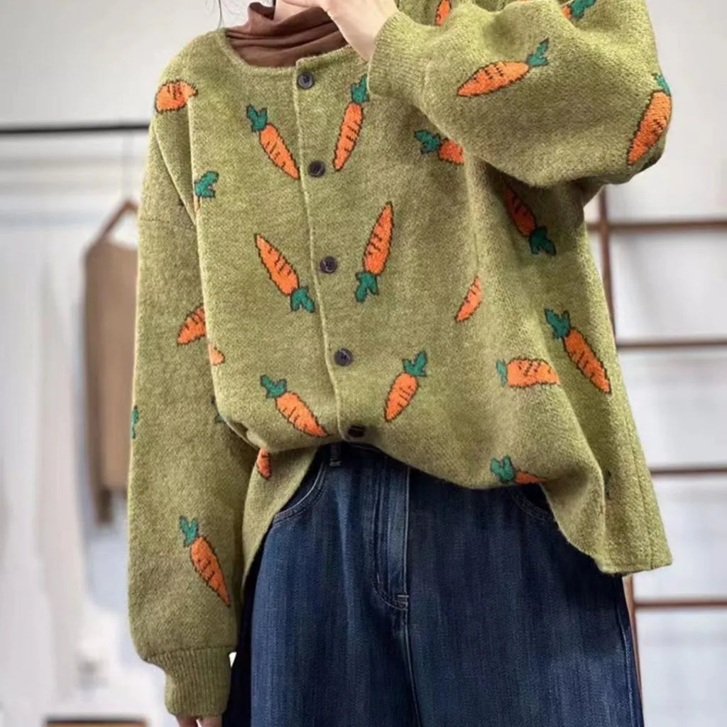 Round neck loose cardigan with Mori artistic colour contrast printing.
