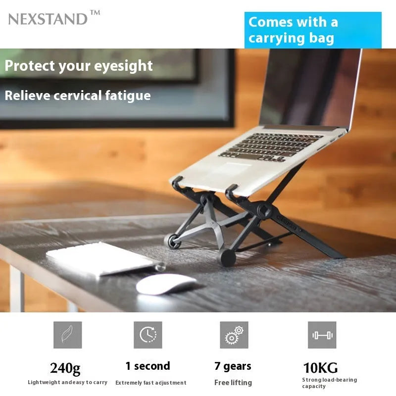 Sagacious black portable folding laptop bracket on a table with carrying case
